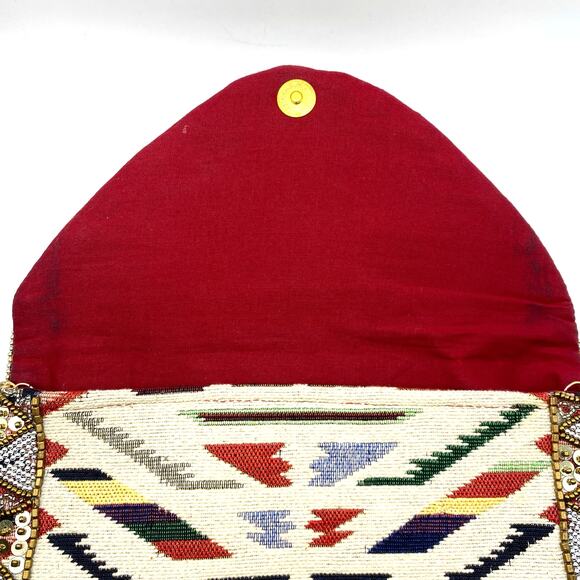 Boho Beaded Sequin Aztec Envelope Clutch Bag Purse Chain Strap Southwestern Art - Picture 6 of 8